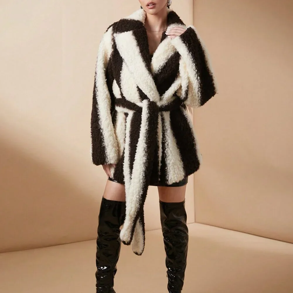 Black And White Casual Women's Colorblock Luxurious Long Sleeve Fluffy Coat - Picture 3 of 8